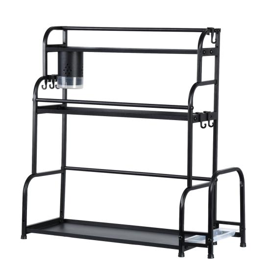 Standing Spice Rack, 3-Tier Kitchen Countertop Shelf with Stepped Design, Spice Rack Organizer and Hooks, Utensil Holder, Chopping Board Holder, Black