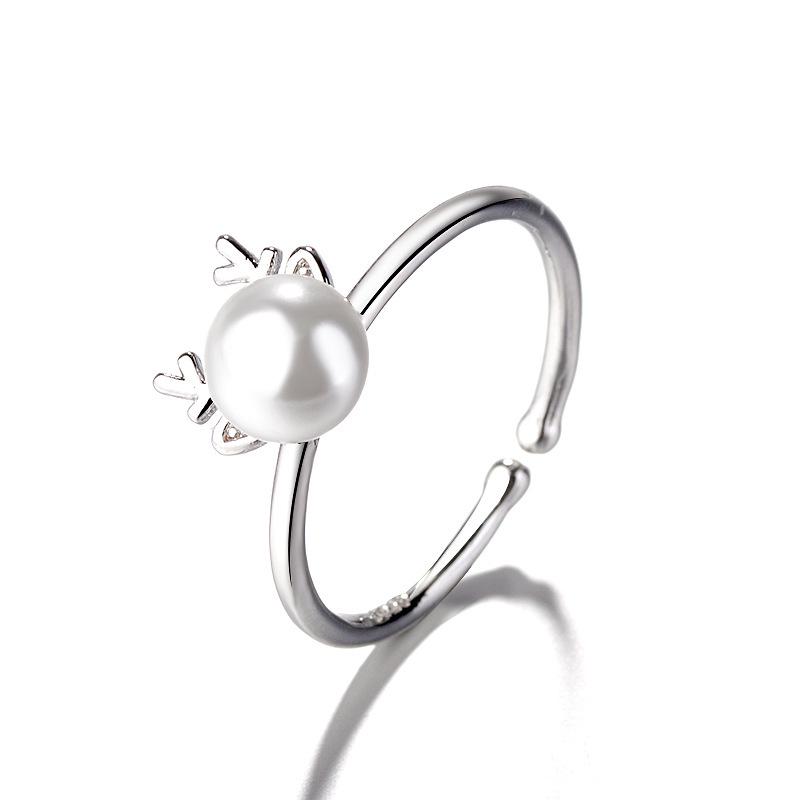 Mori Style Cute Elk Pearl and Diamond Antler Ring – Christmas Gift for Women