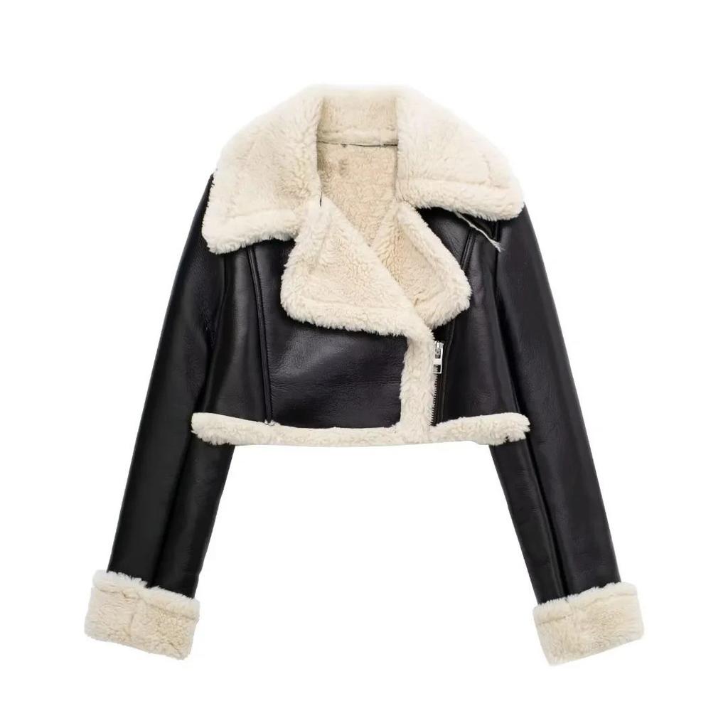 Black and White Contrast Shearling Collar Short Jacket