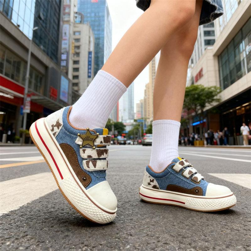 Star Big Head Shoes Women's Spring and Autumn New National Cartoon Platform Couple Denim Mickey Canvas Shoes Women