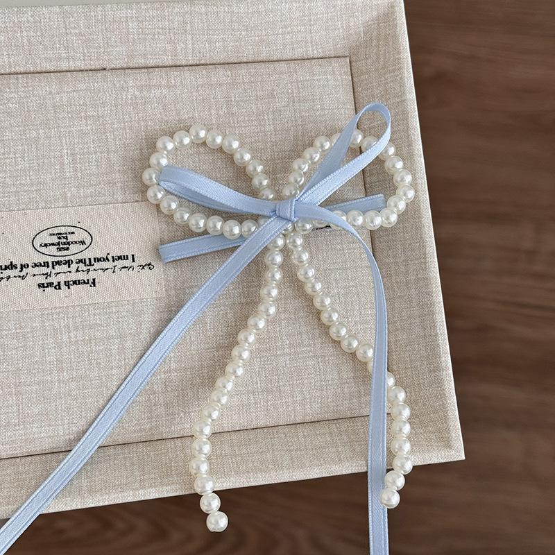 Fairy Ribbon Bow Pearl Hairpin for The Back of The Head New Girlish Heart Side Clip New Simplicity Fresh and Sweet Duckbill Clip