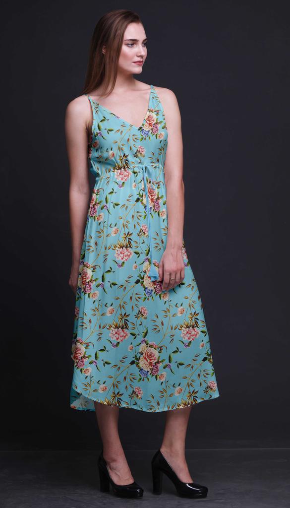 Bimba Blumen Damen Bedrucktes Resort Midi Kordelzugkleid Spaghettiträger Strand