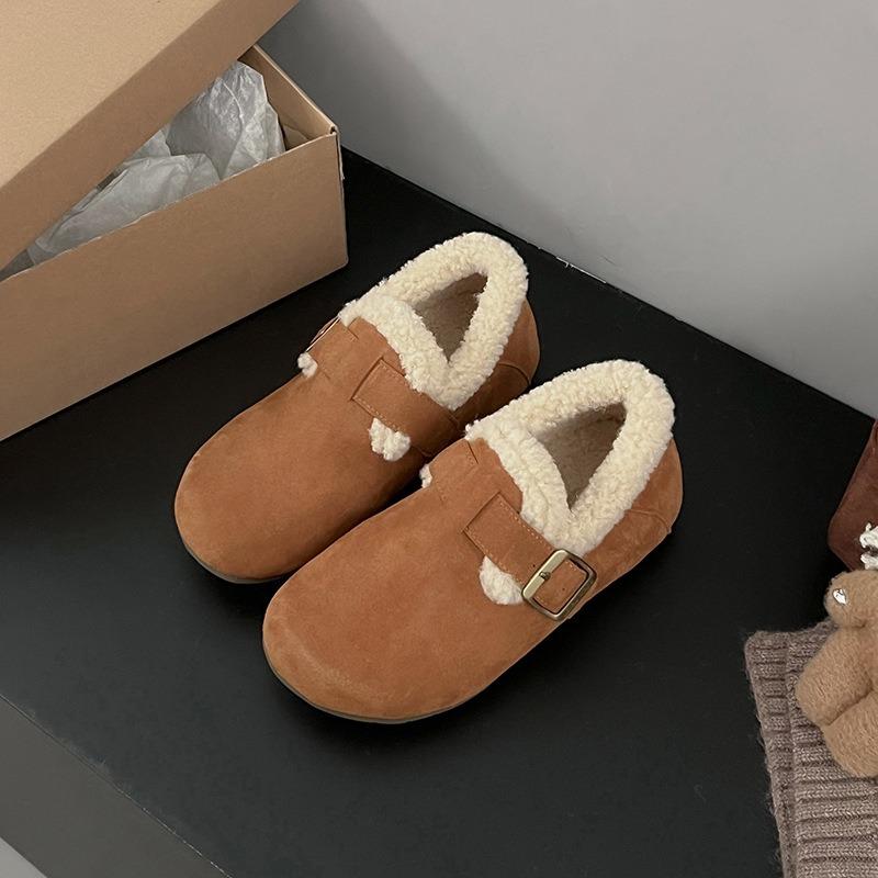 Leather fur women's winter retro velvet warm belt buckle versatile one pedal non-slip flat cotton shoes