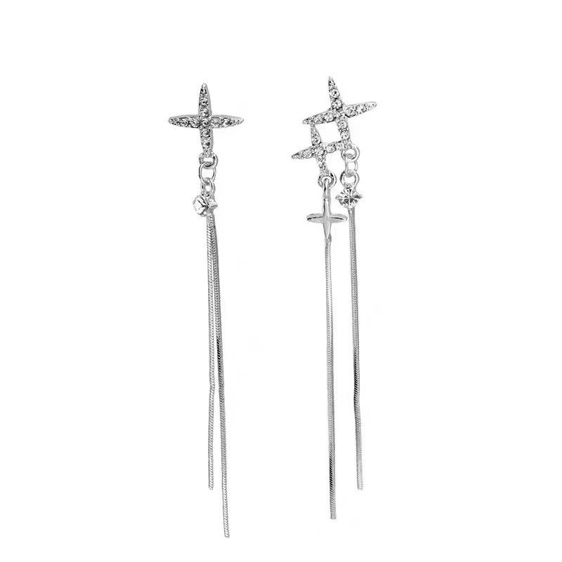 Design Sense Personality Long Star Tassel Cross Earrings Women's 111 Silver Needle Temperament Show Face Skinny Earrings Earrings