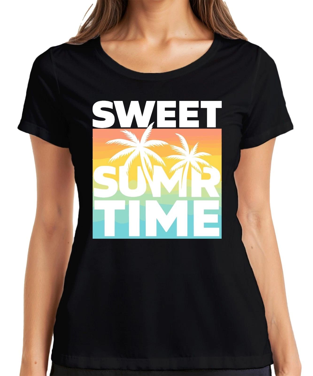 Sweet Summer Time Palmen Sonnenuntergang Strand Urlaub Retro Damen T-Shirt XL