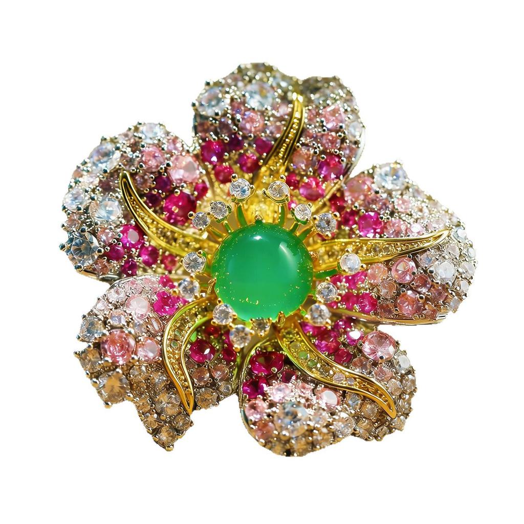 Emerald Diamond Floral Brooch - Luxurious High-End Elegant Jewelry Gift