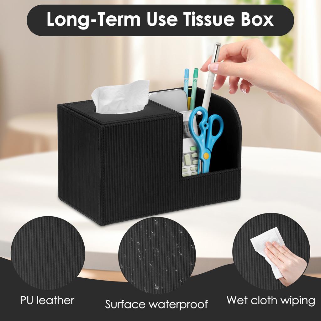 PU Leather Tissue Box Cover with Remote Holder Multifunctional Tissue Box Decorative Tissue Pen Remote Organizer for Home/Office