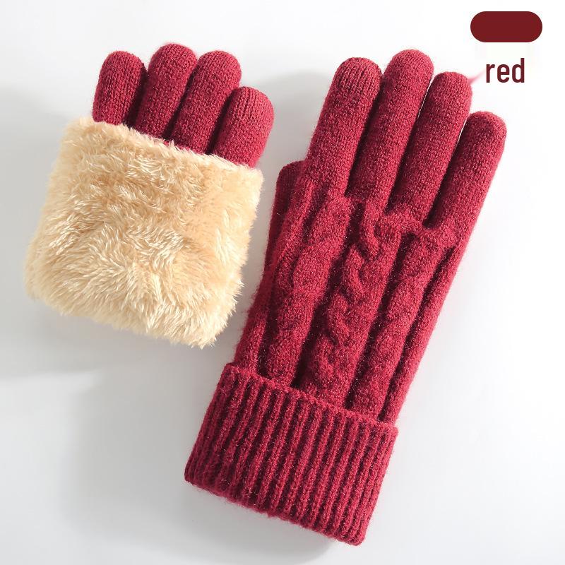 Women's Winter Knitted Touchscreen Gloves - Double-Layer Fleece-Lined, Thick Warm for Outdoor Cycling