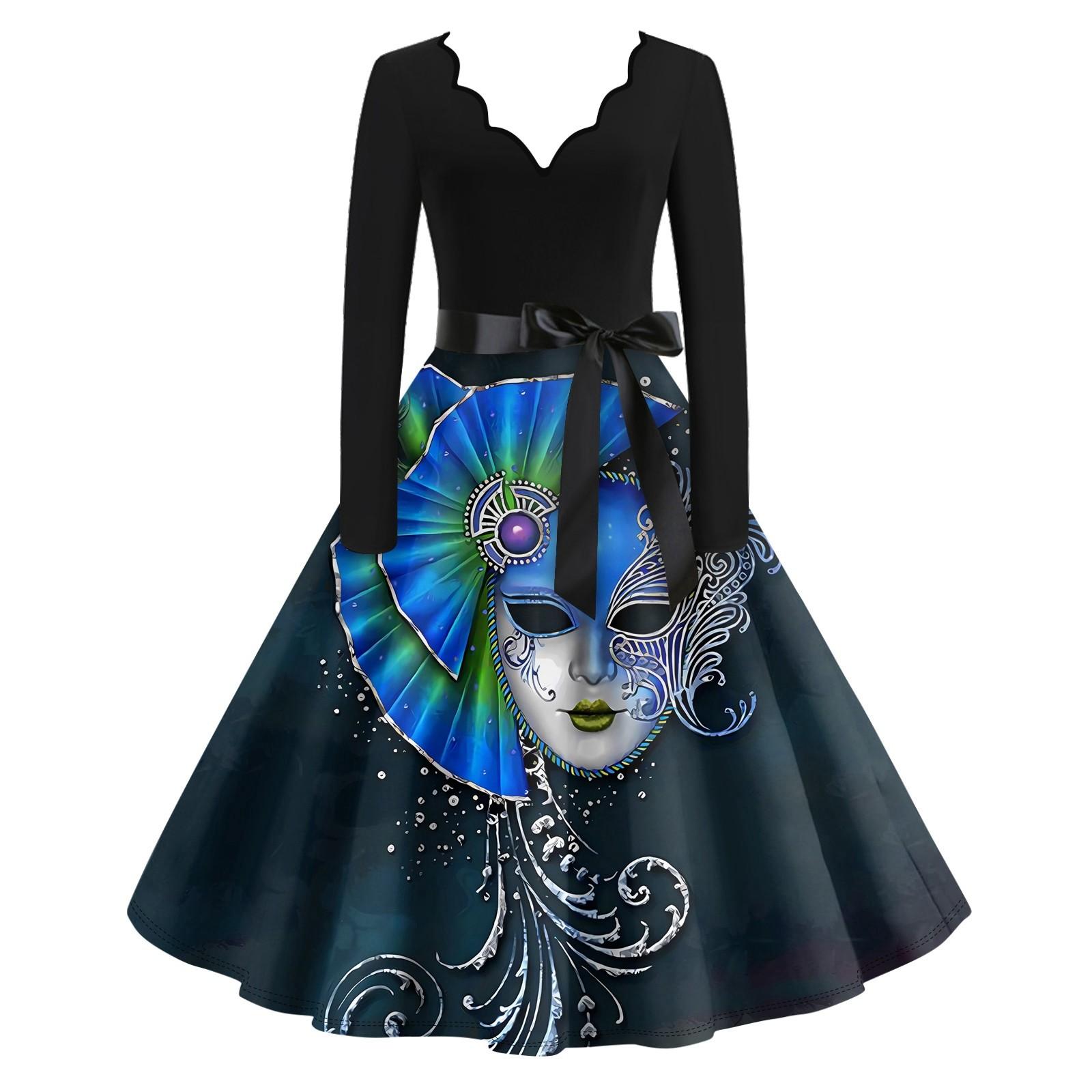 

Women s Casual Fashion V Neck Long Sleeve Printed Vintage Long Dress XL синій