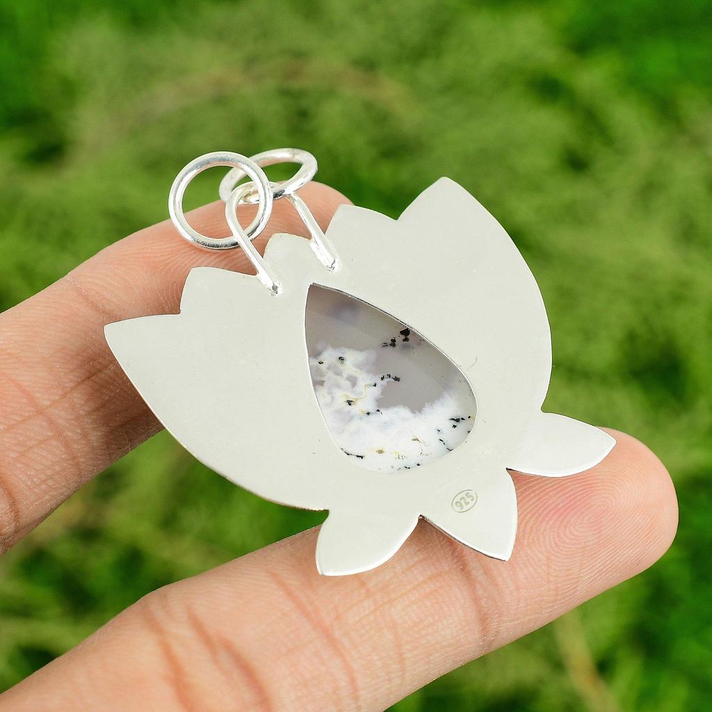 Daughters Day Deal Natural Dendrite Opal New Lotus Bezel Wife Pendant 925 Silver