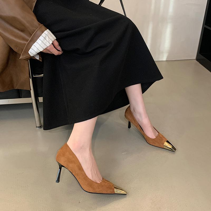 2025 New European and American Fashion Pointed High Heels Metal Toe Head 7 Cm Royal Sister Style Temperament Single Shoes