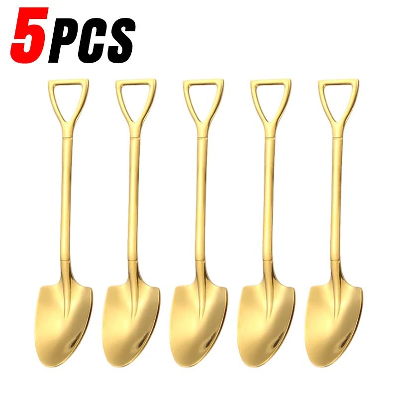 Stainless Steel Shovel Spoon Creative Gold Silver Coffee Spoons Ice Cream Dessert Scoops Teaspoon Kitchen Tableware Cutlery Sets