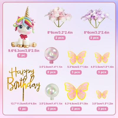 Decorações de Topo de Bolo de Unicórnio com Bola de Flor Artificial, Borboleta, Decorações de Bolo de Feliz Aniversário para Suprimentos de Chá de Bebê