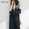 Summer Women Office Lady 2 Pcs Set O Neck Solid/Striped Sleeveless Bow Top+Wide Leg Pants Elegant Feminine Ladies' Suit