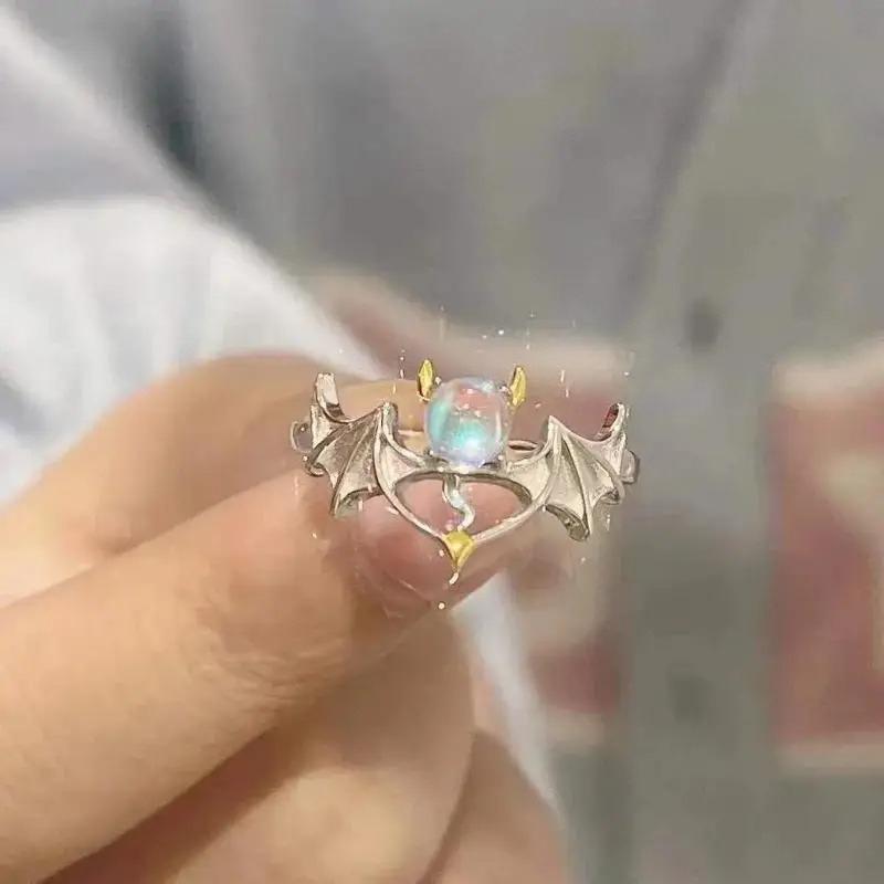 IF ME Angel and Demon Couple Cartoon Ring Moonlight Stone Gift for Male and Female Friends Opening Ring Adjustable Lovers Jewelry Gift