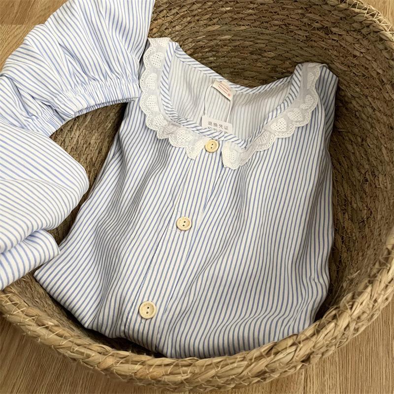 

Blue striped small fragrant pajamas women s summer short-sleeved shorts lace edge two-piece set women s casual loose loungewear S