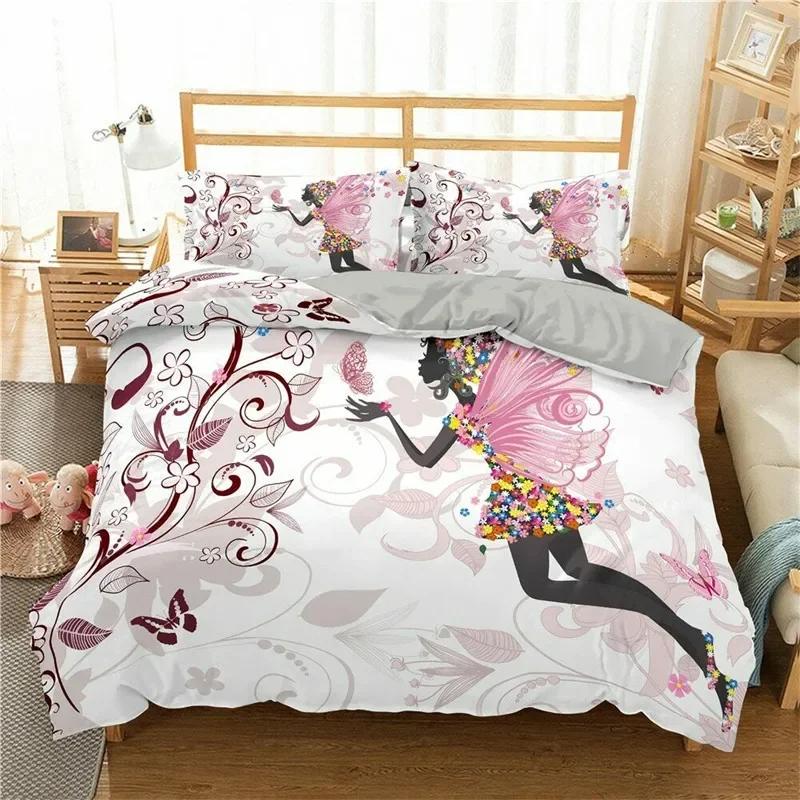 Girly Buterfly Soft Duvet Cover Lovely Pink Flower Fairy featuring Wings Beding Set Microfiber Romantic Warm Comforter Cover King Quen Sized Dimension