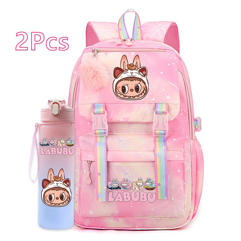 2Pcs/set Cute Cartoon Printed Backpack with 750Ml Outdoor Sports Water Bottle Student Girl Boy Schoolbag Large Capacity Travel Bag Gift
