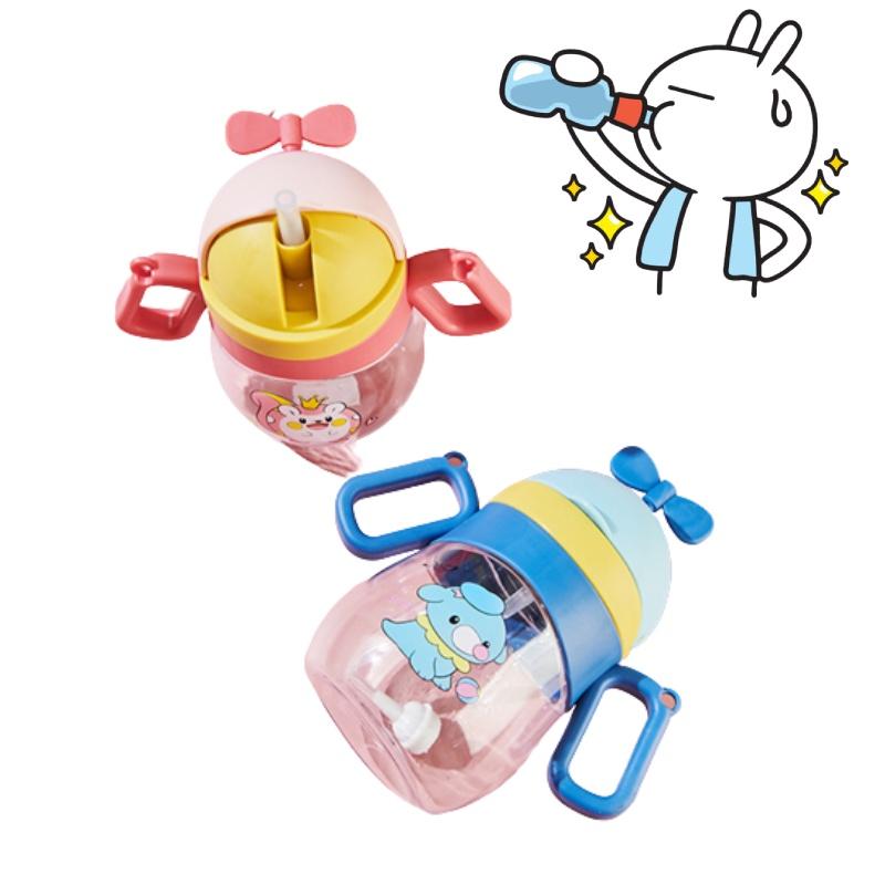 New Cartoon Handle Children's Plastic Straw Cup 360ml Ideal For Kindergarten With Shoulder Strap Pink/blue