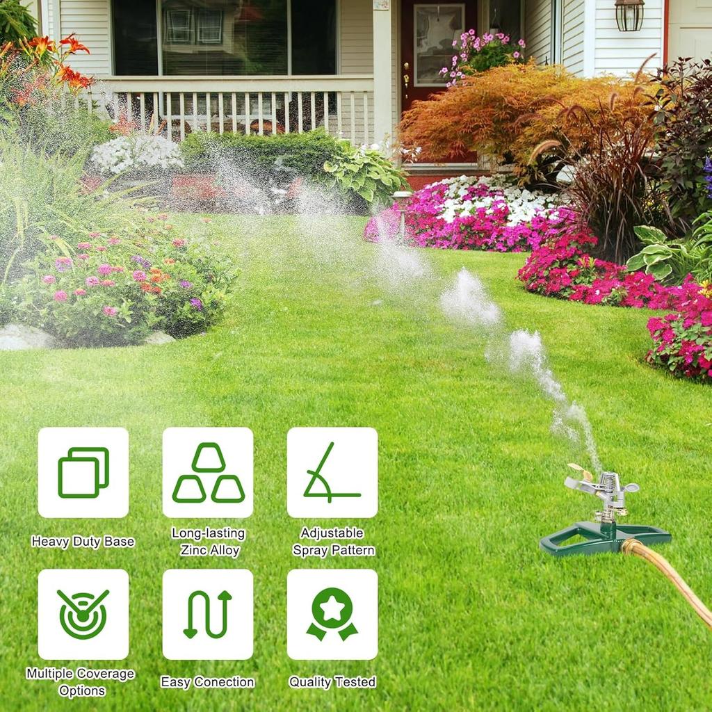 WEMADE Irrigatore Oscillante Automatico in Metallo Robusto per Giardino - Irrigatore Automatico Rotante a 360 Gradi per Prato con Base in Metallo