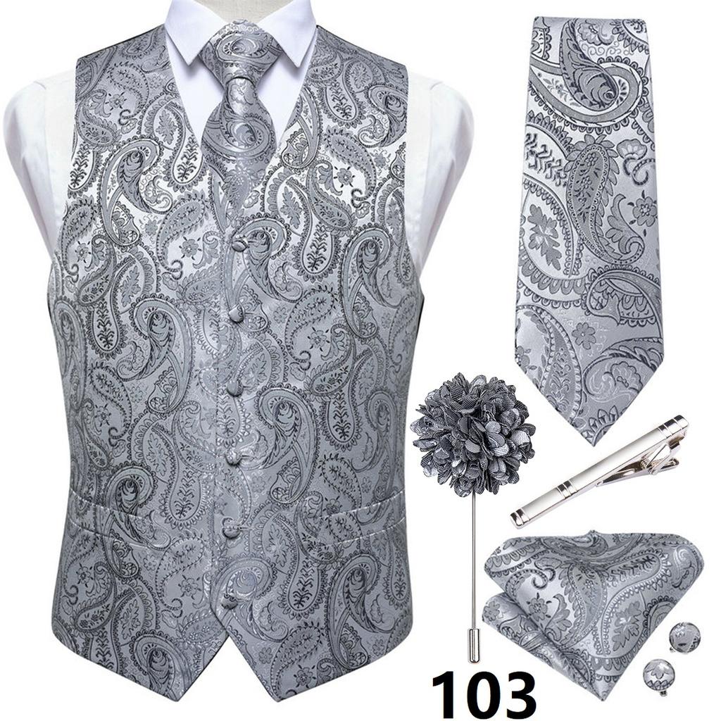 Anzug-Westen-Set für Herren, Schwarz, Rosa, Grün, Paisley-Weste, Krawatte, Einstecktuch, Manschettenknöpfe, Blumen-Corsage, Silberne Krawattenklammer, Hochzeit, Business