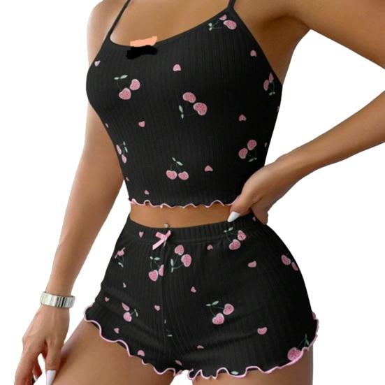 Women's Heart Print Ribbed Pajamas Set Crop Cami Tops And Shorts Cute Pjs