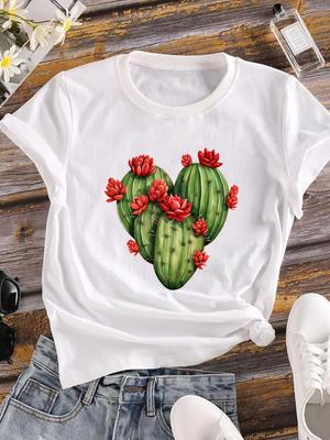 (Asiatisk storlek)  kaktusväxt trend 90-tal Kortärmad T-shirt Casual Tee Topp Mode Damkläder Tryckt o-hals Dam Dam Grafiska T-shirts