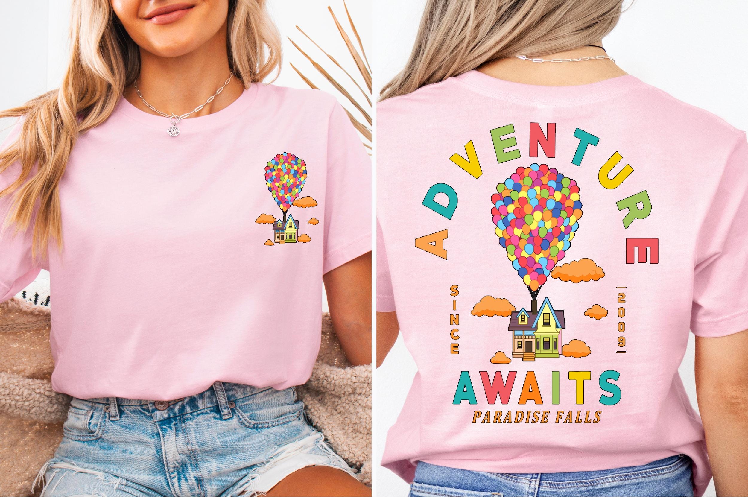 

Pixar Up Comfort Colors Shirt Adventure Awaits Rainbow Balloons Tee Trip Gift Up Movie TShirt S