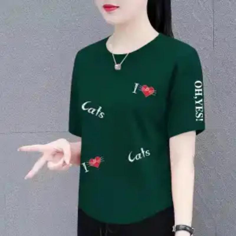 Summer Women's Cute Heart Letter Print Crew Neck Tee Casual Loose Short Sleeve T-Shirt