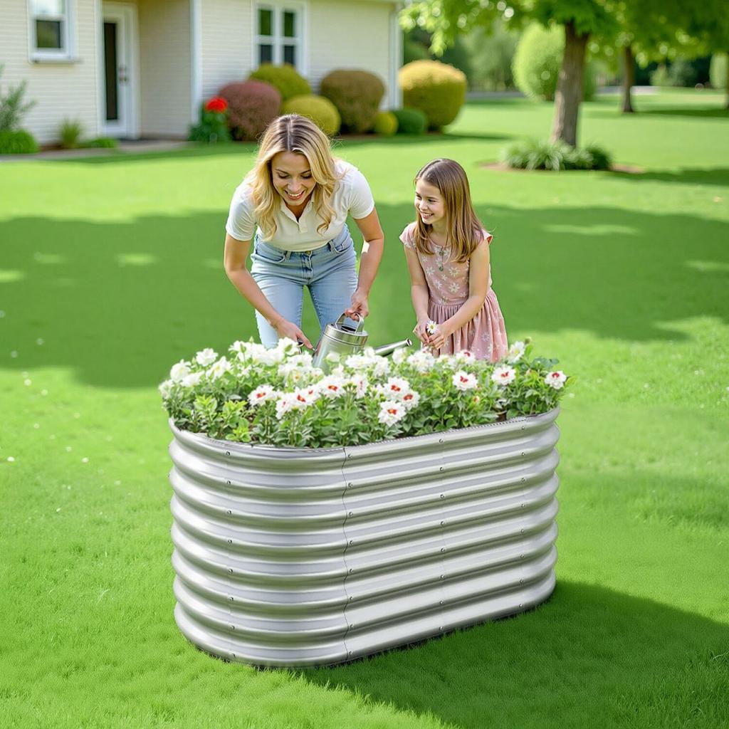Metal Raised Garden Bed, 1.2 X 0.6 X 0.6 M Oval Outdoor Galvanized Planter Garden Box, Open Bottom Design, Large Planter Raised Bed for Growing