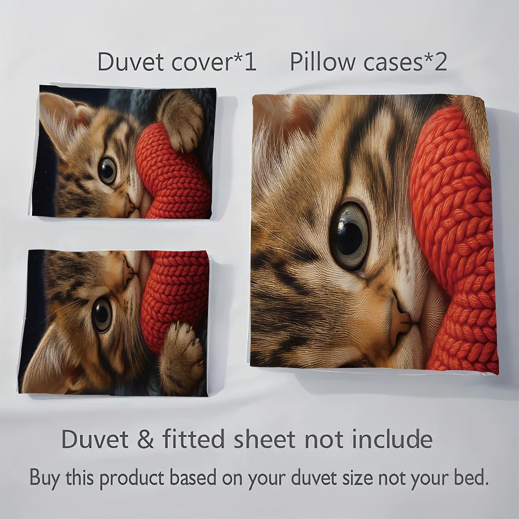 3pcs Cute Cartoon Kitten Printed Duvet Cover Set 1 Duvet Cover+2 Pillowcases Coreless Soft and Comfortable Machine Washable