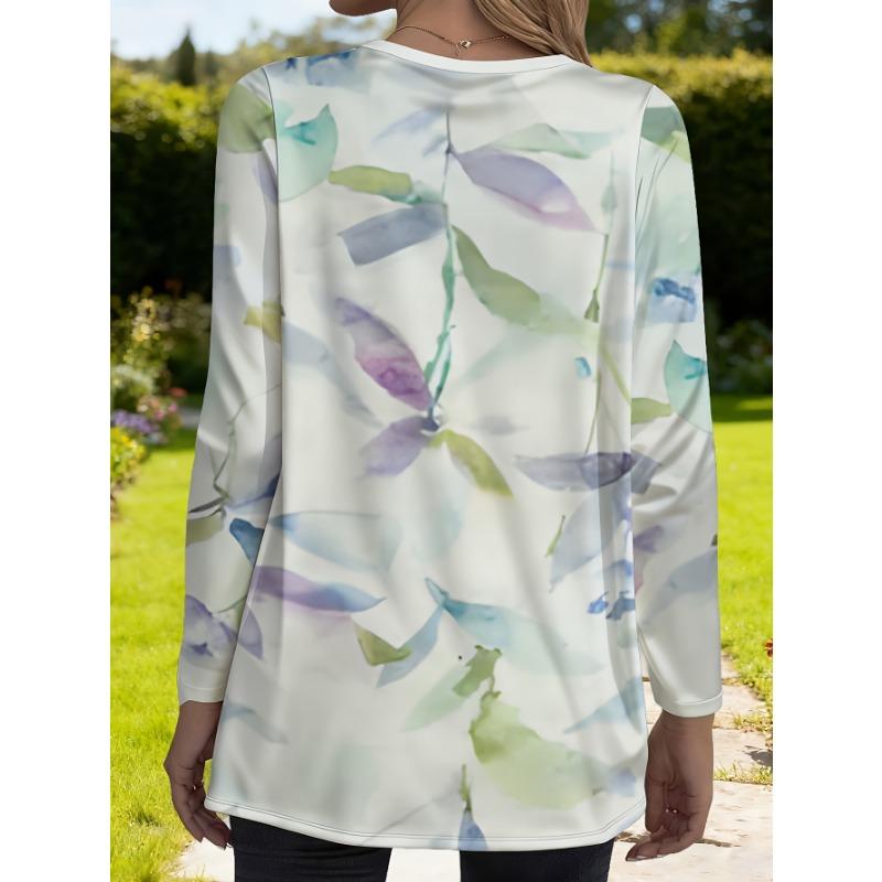 Large Size Women's Spring and Summer New Printed Loose Long-sleeved Tops with Pockets