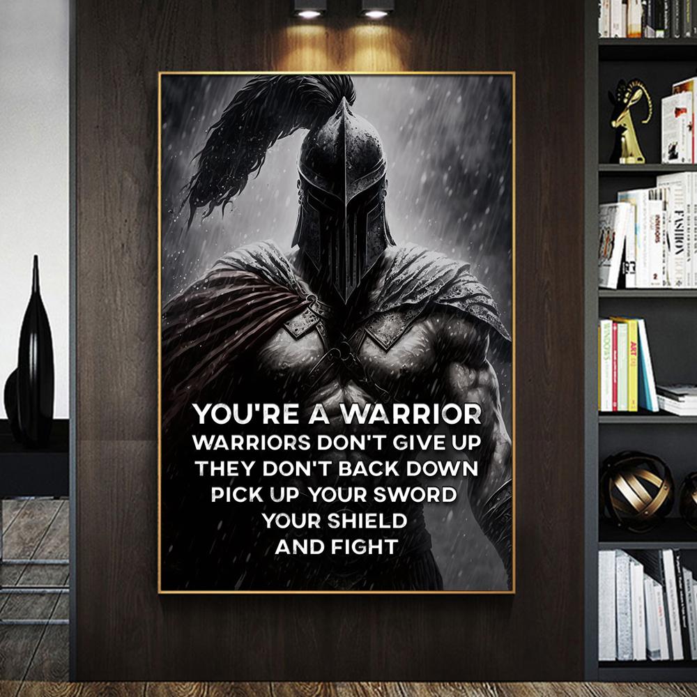 Warrior Motivational Quote Canvas Painting Posters Print Armored Spartan Inspirational Pictures Living Room Wall Art Home Decor