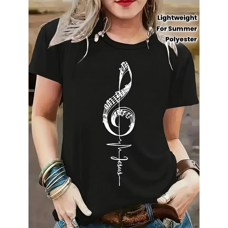 

Women s Music Note Graphic T-Shirt, Black Short Sleeve Crew Neck Casual Top with Heartbeat Design, Lightweight Polyester for Summer & Spring, S чёрный