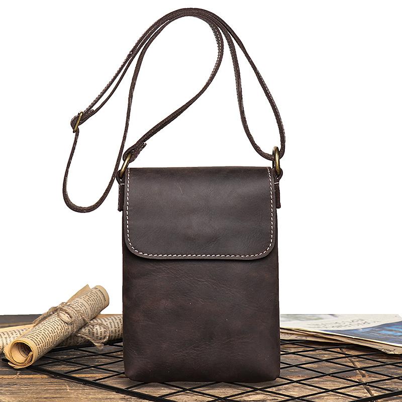 

New Men s Genuine Leather Shoulder Bag, Women s Crazy Horse Leather Crossbody Small Backpack, Fashionable and Simple Phone Bag темно-коричневого кольору
