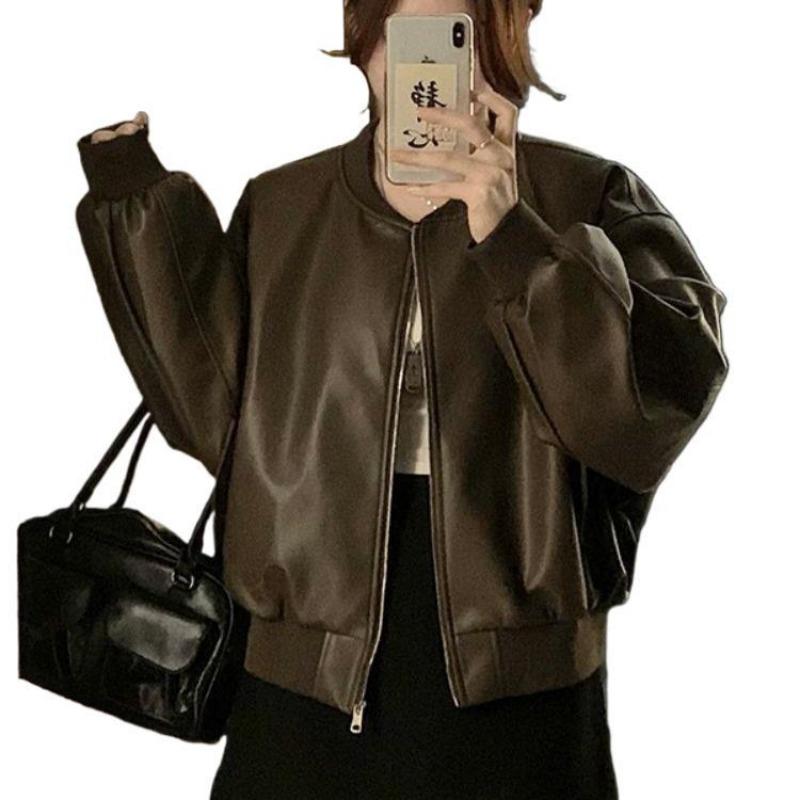 Large Size Retro Casual Long Sleeve Leather Jacket Women's Spring Black Motorcycle Jacket Fat Cover Flesh Skinny Top