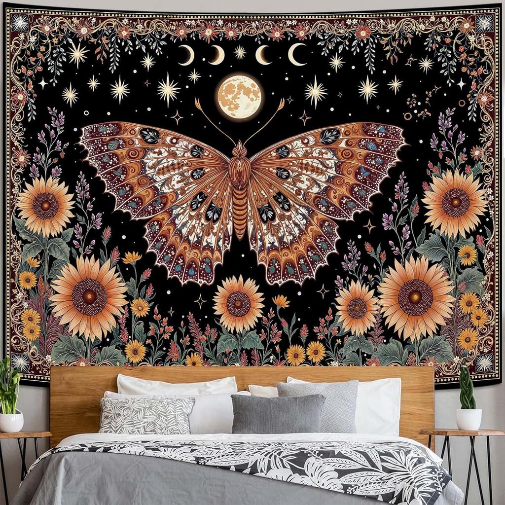 Butterfly Tapestry Moon Star Retro Floral Sunflower Plant Tapestries for Bedroom Witchy Aesthetic Room Decor Tapestries Wall