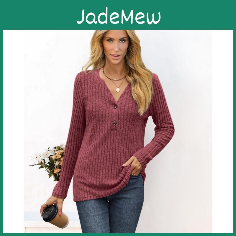 Knit Winter Autumn And Womens Tops Blouse Solid Color Vneck Buttons Loose Thinly Long Sleeve Tops