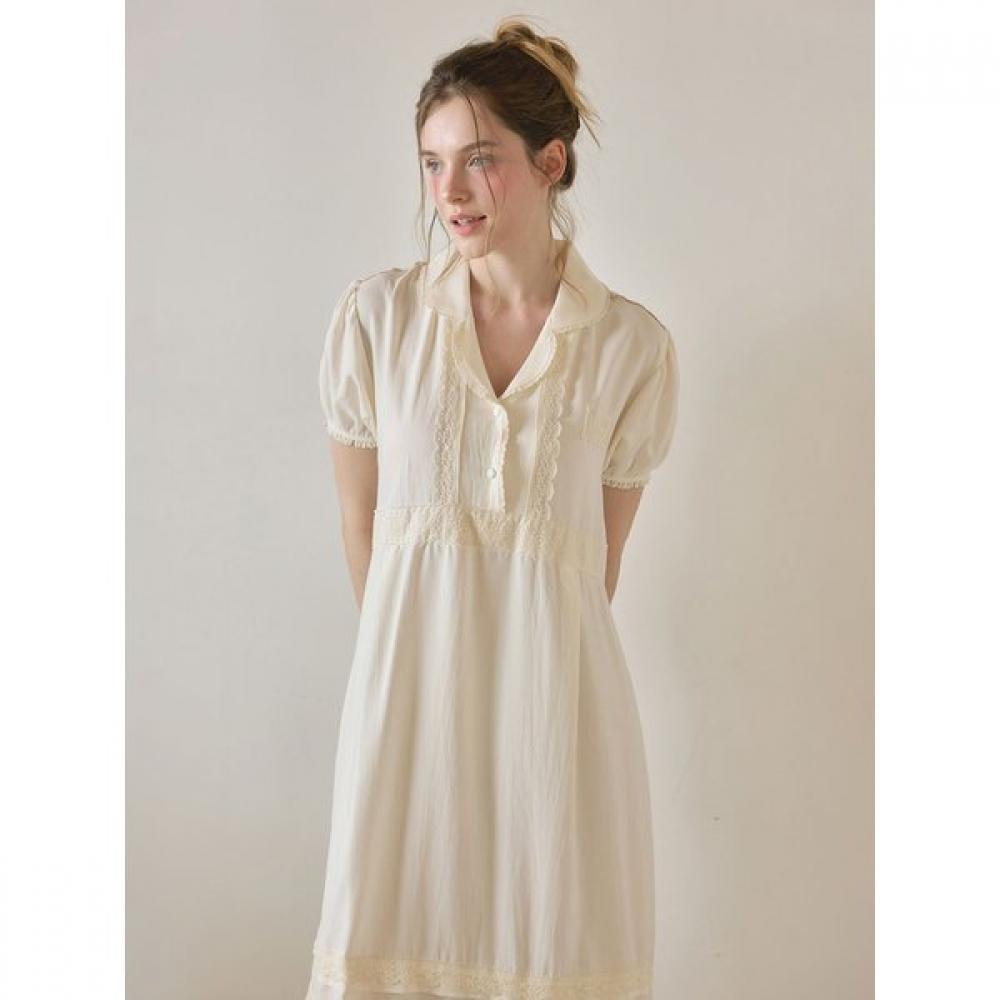 Lunaluz Women Sheryl Sandwashing Collar Neck Short Sleeve Dress Pajamas