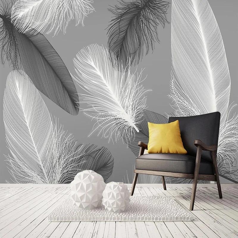 Nordic Style Wallpaper Black And White Feather Mural Living Room Bedroom Home Decor Wall Papers