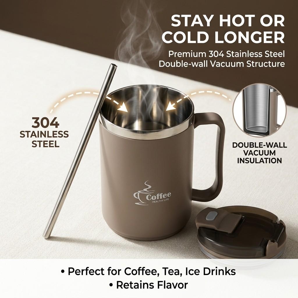Thermal Coffee Mug with Handle 304 Stainless Steel Insulated Tumbler Leakproof Travel Water Bottle Portable Cup with Spoon