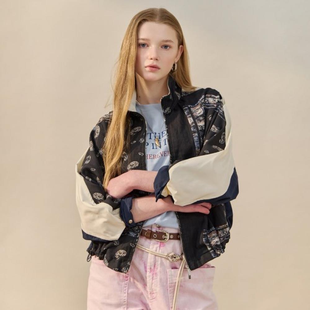 Maxza Vintage Paisley Color Blocked Blouson Zip Up Jumper navy/FREE