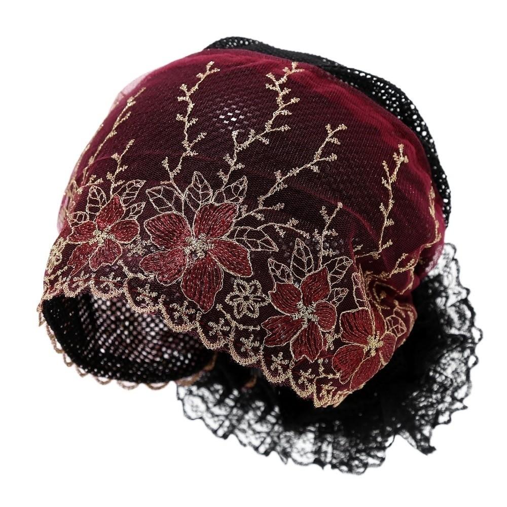 Soft Elastic Curly Hair Hat Embroidered Flowers Elderly Beauty Cap  All-match
