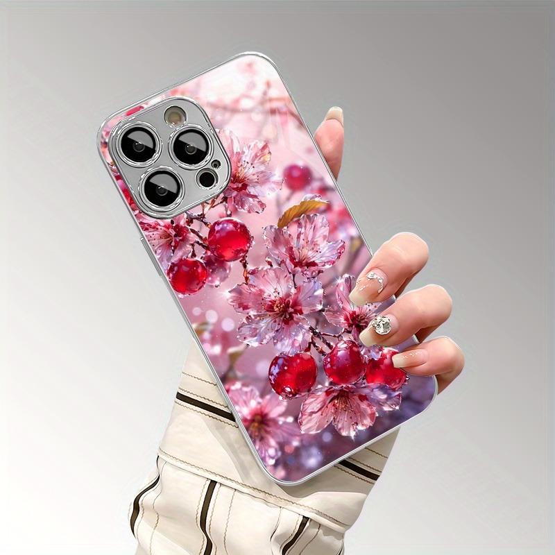 Pink Waterdrop Cherry Blossoms Pattern Tempered Glass Phone Case For iPhone 17 16 15 14 13 12 11 Pro Max 16 Plus 17 Air Cover