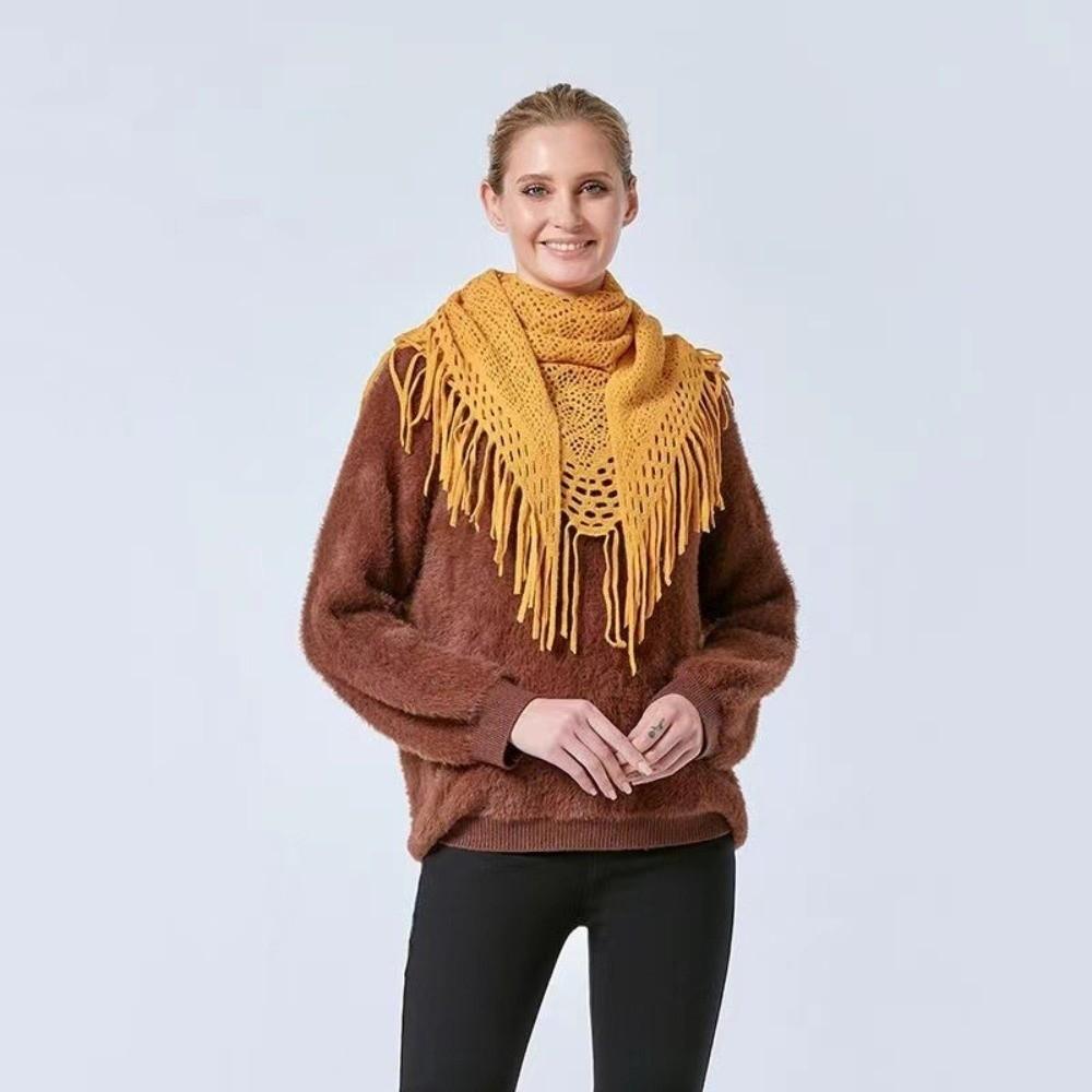 Versatile Tassels Shawls Solid Color Hollow Scarves Trendy Knitted Shawls  for Women