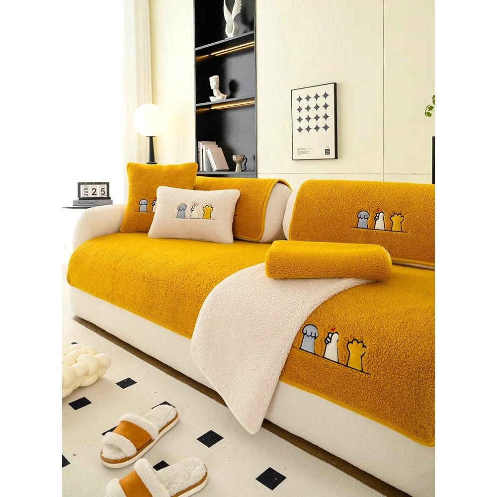 Lamb Plush Sofa Cushion Winter Warm Thickening Non-Slip Living Room Sofa Cover Cloth Universal Leather Sofa Recliner Cover