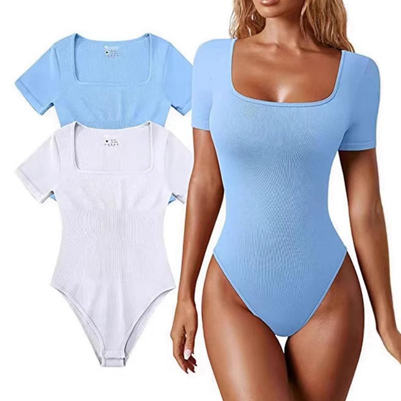 Women's Square Neck Bodysuit Ribbed Short Sleeve Sports Yoga Shapewear