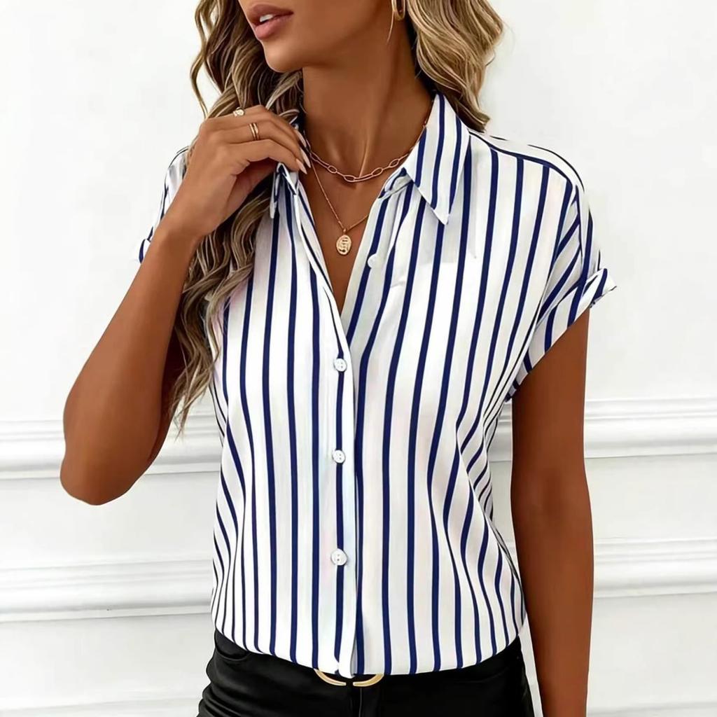Nuova Blusa a Maniche Cadenti a Strisce con Bottoni da Donna per l'Estate