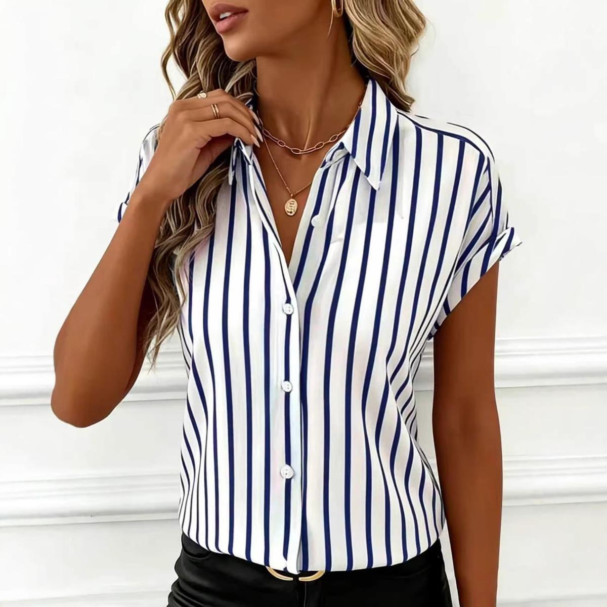 Summer New Drop Shoulder Button Striped Women s Shirt Blouse S