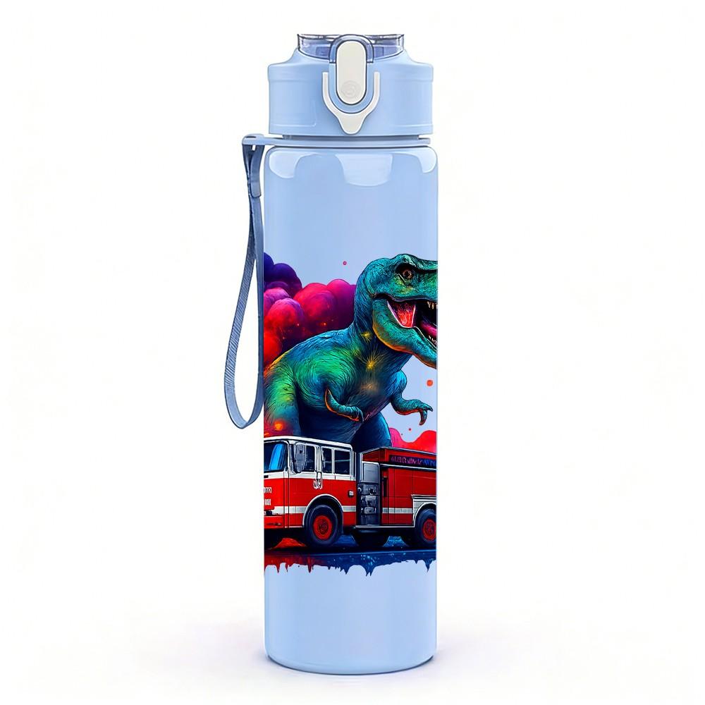 1PC Colorful Dino Truck Art Pattern 750ml Color Plastic Sports Water Bottle Leakproof Flip Straw Lid Suitable for Sports Office Home Use